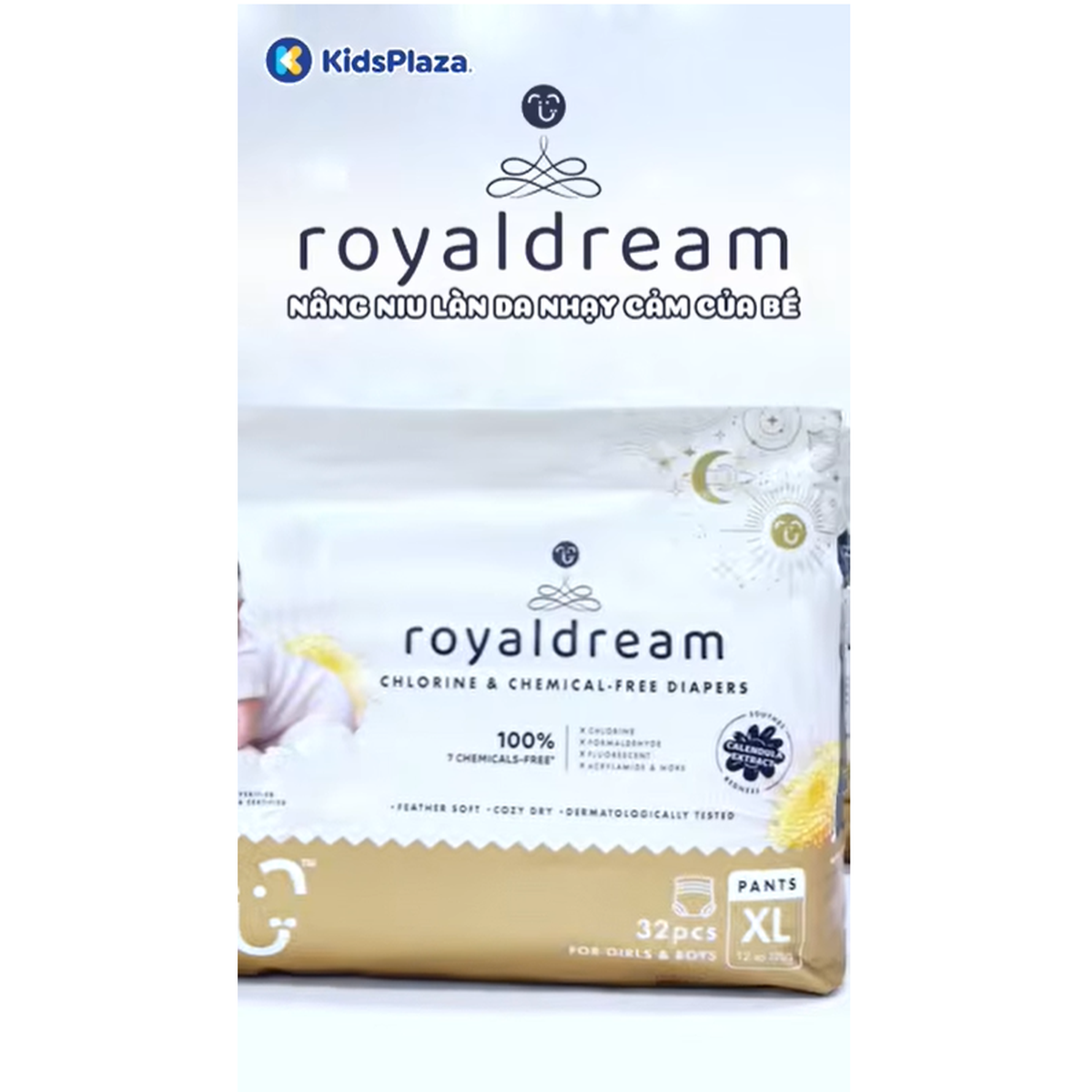 Bỉm - Tã quần Hoppi RoyalDream cao cấp size XL 32 miếng (cho bé 12-17kg) - video