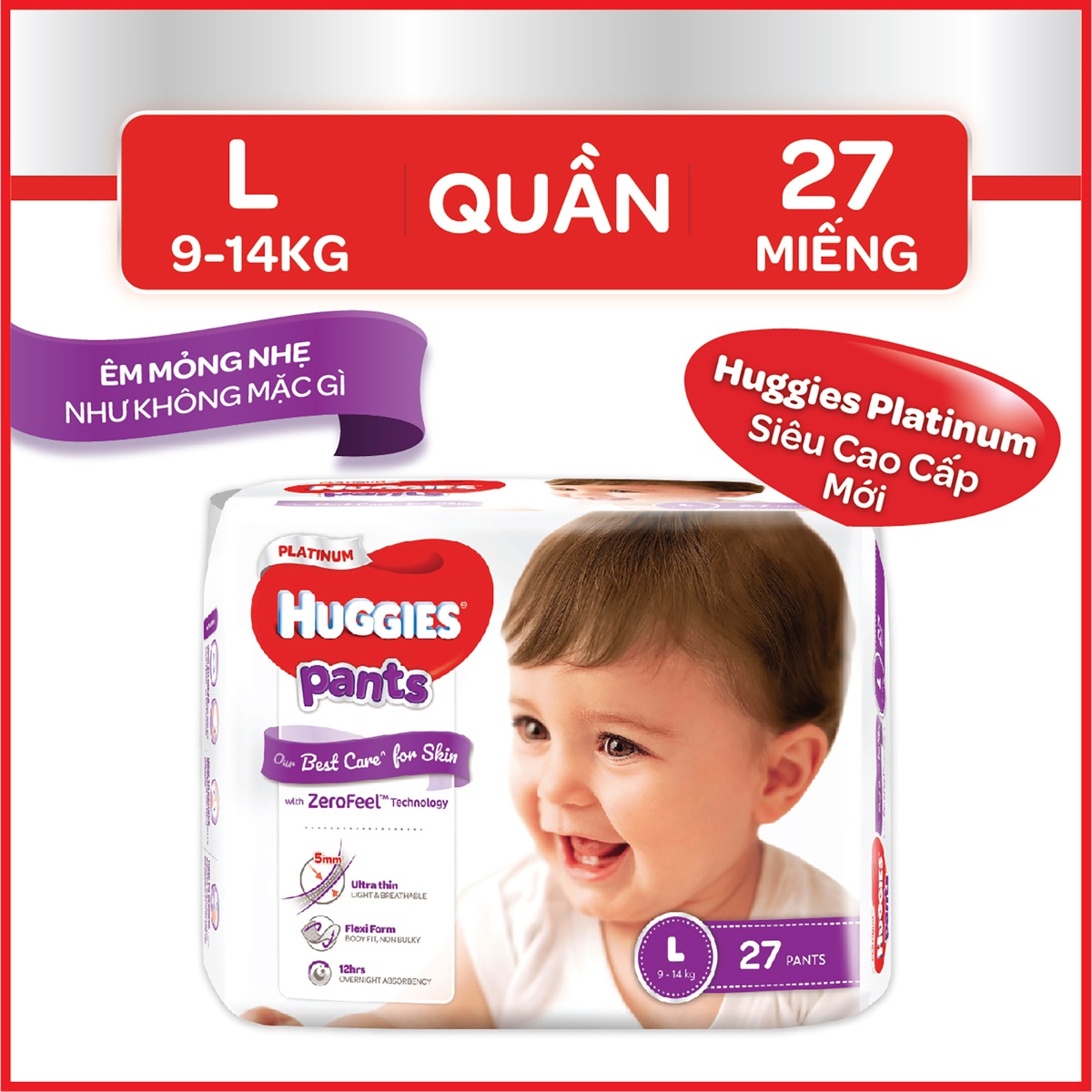 Tã quần Huggies Platinum siêu cao cấp size L (27 miếng - Cho bé 9-14kg ) - mặt trái