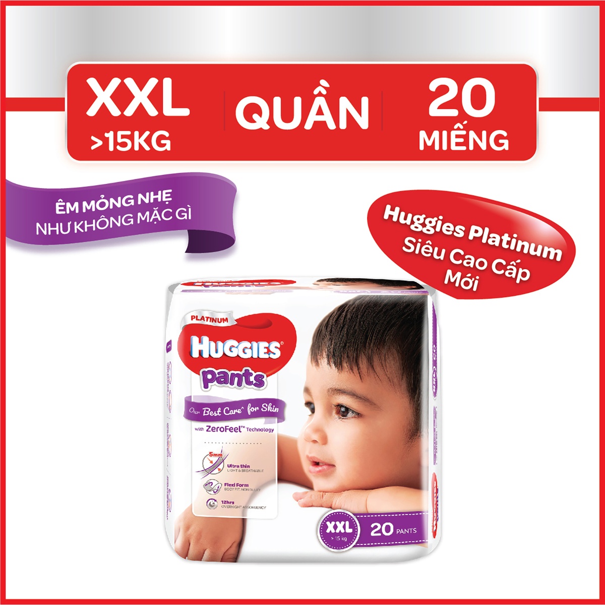 Tã quần Huggies Platinum siêu cao cấp size XXL (20 miếng - Cho bé trên 15kg ) - mặt trái