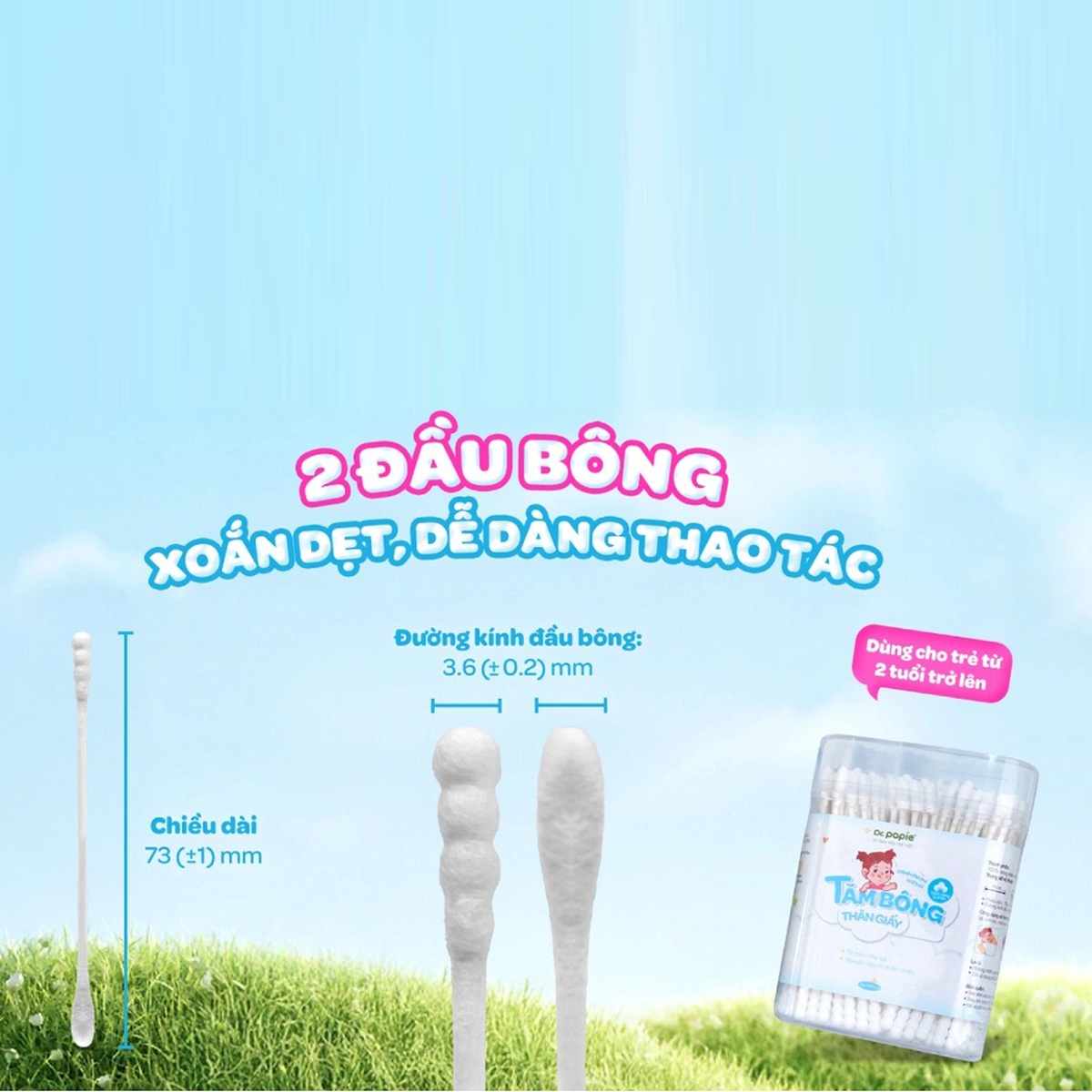 Tăm bông 2 đầu xoắn và dẹt Dr Papie 200 que - mặt trái