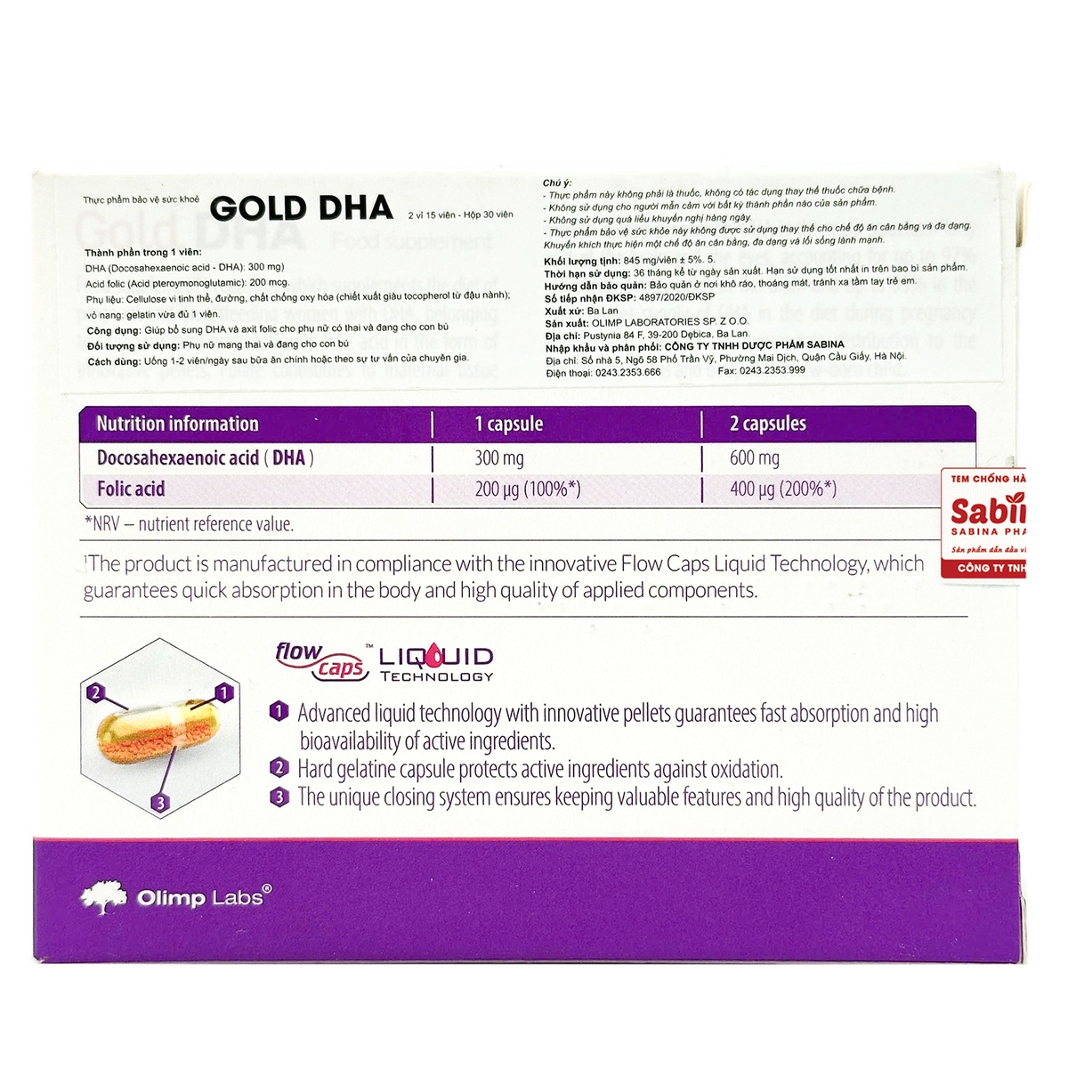 Thực phẩm bảo vệ sức khỏe Gold DHA bổ sung DHA cho bà bầu (30 viên) - mặt sau