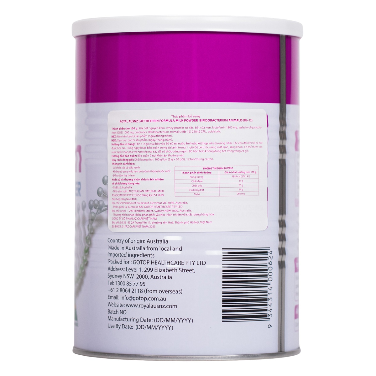 Thực phẩm bổ sung ROYAL AUSNZ LACTOFERRIN FORMULA MILK POWDER BIFIDOBACTERIUM ANIMALIS (Bb-12) - mặt phải