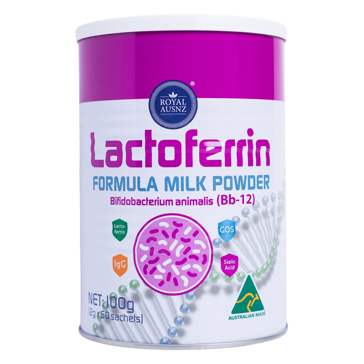 Thực phẩm bổ sung ROYAL AUSNZ LACTOFERRIN FORMULA MILK POWDER BIFIDOBACTERIUM ANIMALIS (Bb-12) - mặt trái