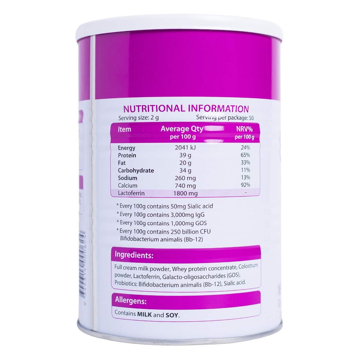 Thực phẩm bổ sung ROYAL AUSNZ LACTOFERRIN FORMULA MILK POWDER BIFIDOBACTERIUM ANIMALIS (Bb-12) - góc nghiêng