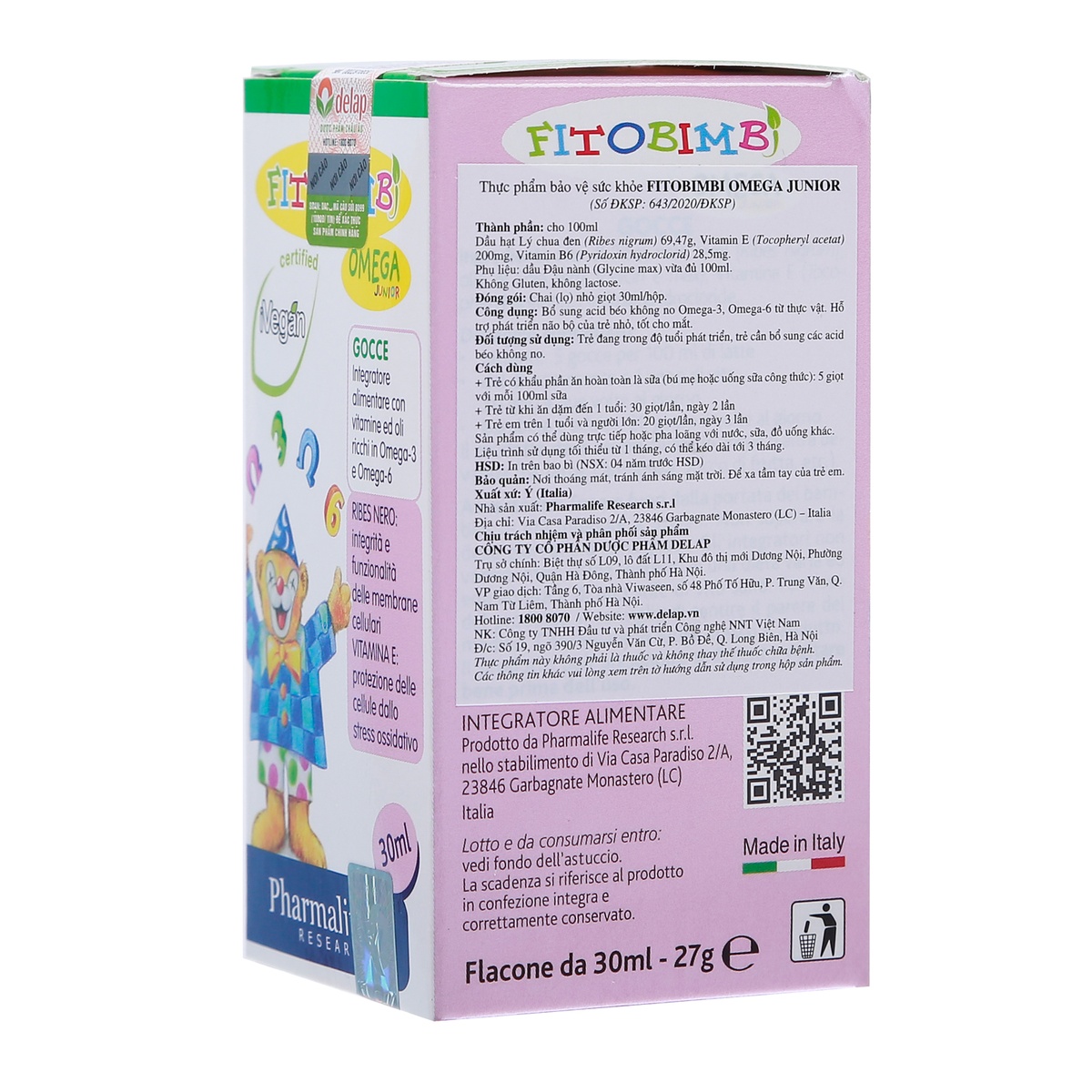 Thực phẩm bảo vệ sức khỏe FITOBIMBI OMEGA JUNIOR 30ml - mặt trái