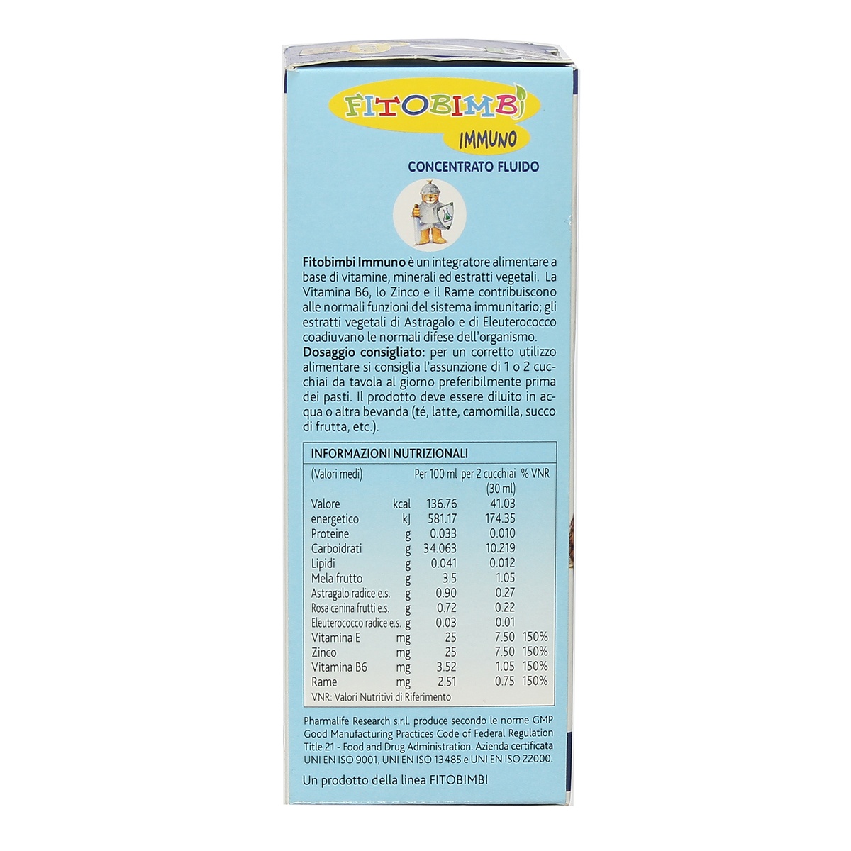 Thực phẩm bảo vệ sức khỏe FITOBIMBI IMMUNO - mặt sau