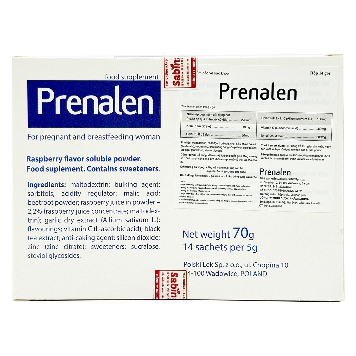 Thực phẩm bảo vệ sức khoẻ Prenalen tăng cường sức đề kháng cho mẹ bầu (14 gói) - mặt phải