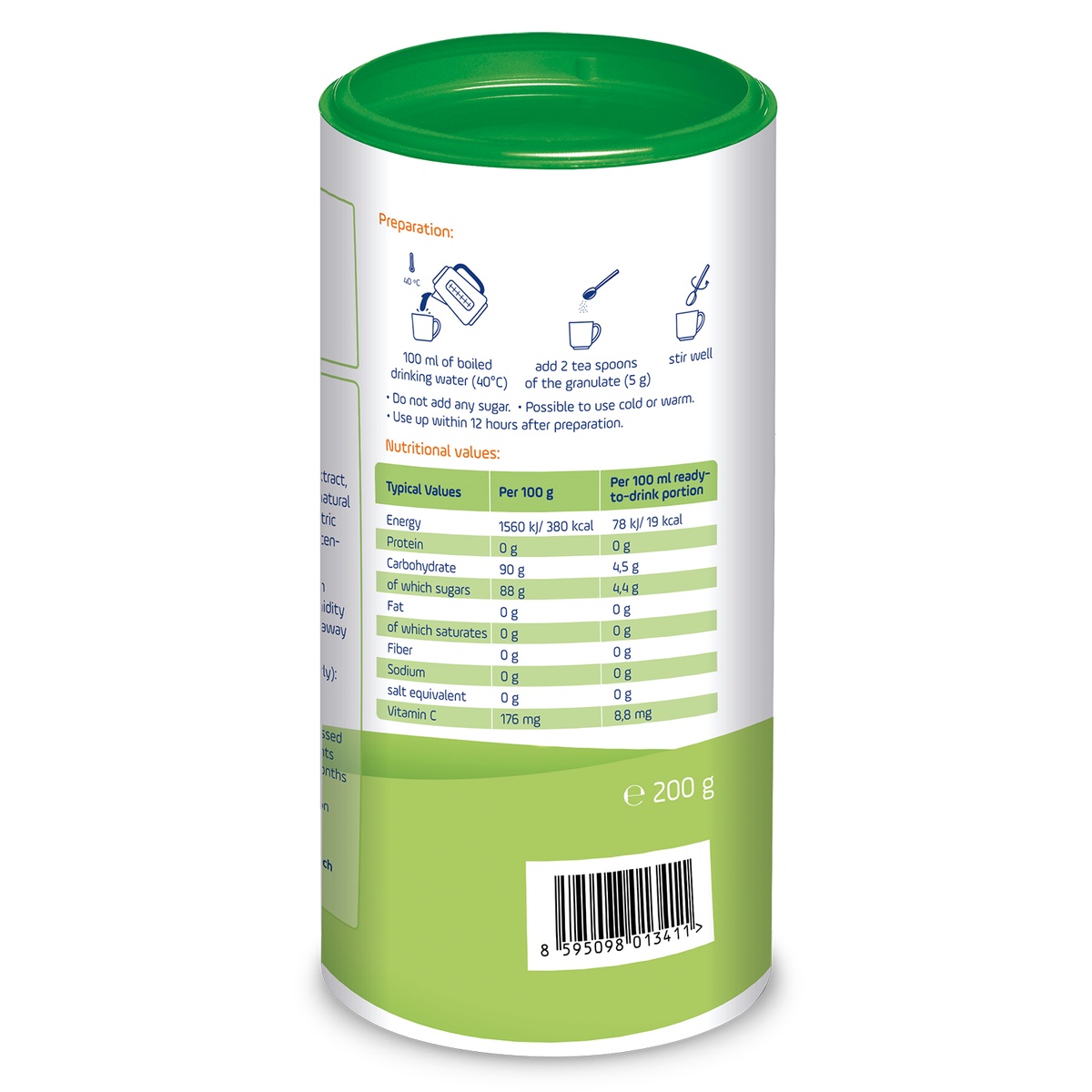 Trà cốm hoa quả Burine vị Cam 200g - mặt phải