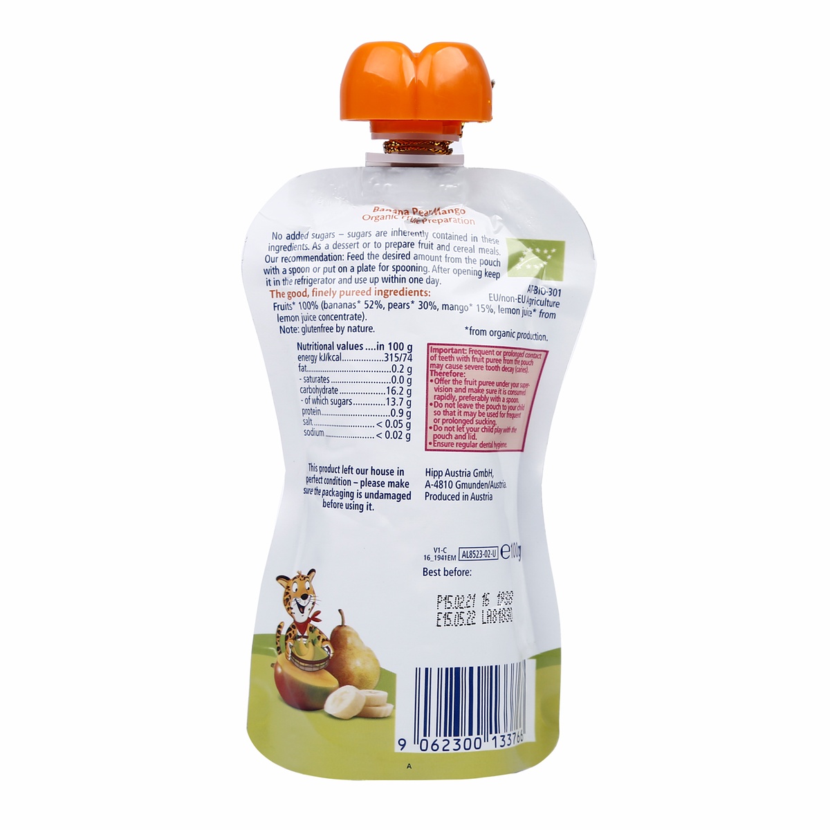 Trái cây nghiền Hippis vị chuối, lê, xoài 8523 - mặt sau