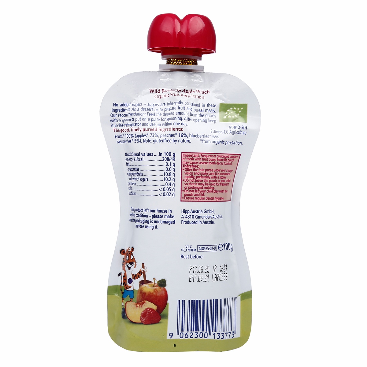 Trái cây nghiền Hippis vị dâu rừng, táo, đào 8525 - mặt sau