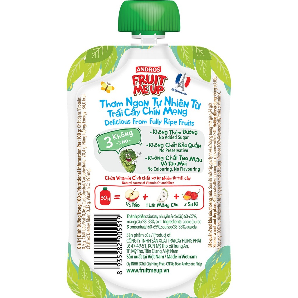 Trái cây nghiền nguyên chất Andros Fruit Me Up vị Mãng Cầu Táo 90g - mặt phải