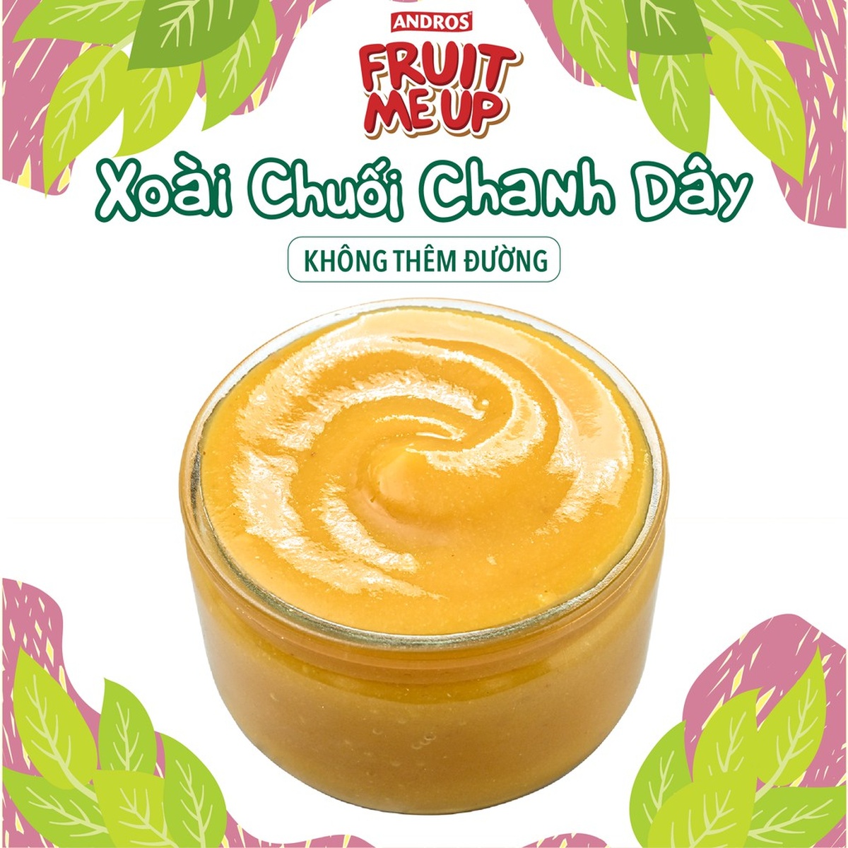 Trái cây nghiền nguyên chất Andros Fruit Me Up vị Xoài Chuối Chanh Dây 90g - mặt trái
