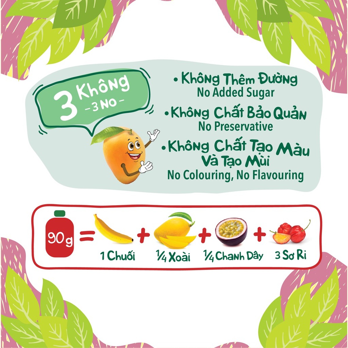 Trái cây nghiền nguyên chất Andros Fruit Me Up vị Xoài Chuối Chanh Dây 90g - mặt phải