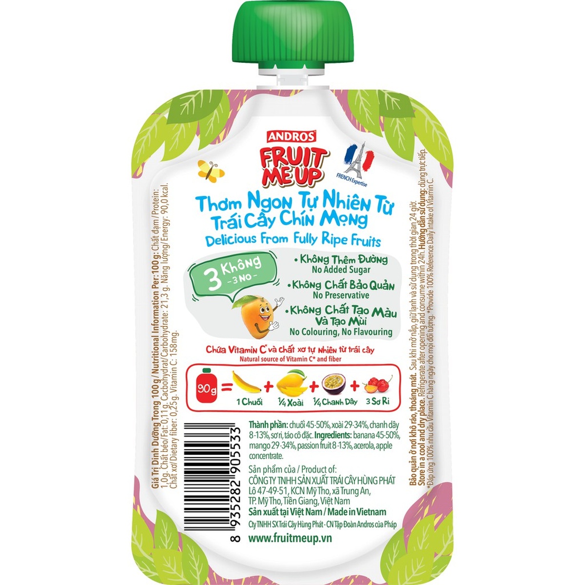 Trái cây nghiền nguyên chất Andros Fruit Me Up vị Xoài Chuối Chanh Dây 90g - mặt sau