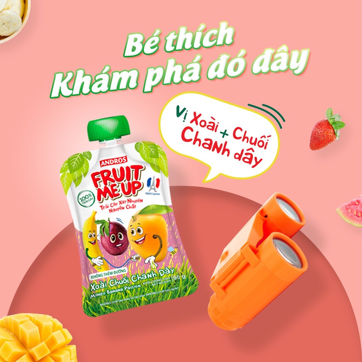 Trái cây nghiền nguyên chất Andros Fruit Me Up vị Xoài Chuối Chanh Dây 90g - góc nghiêng