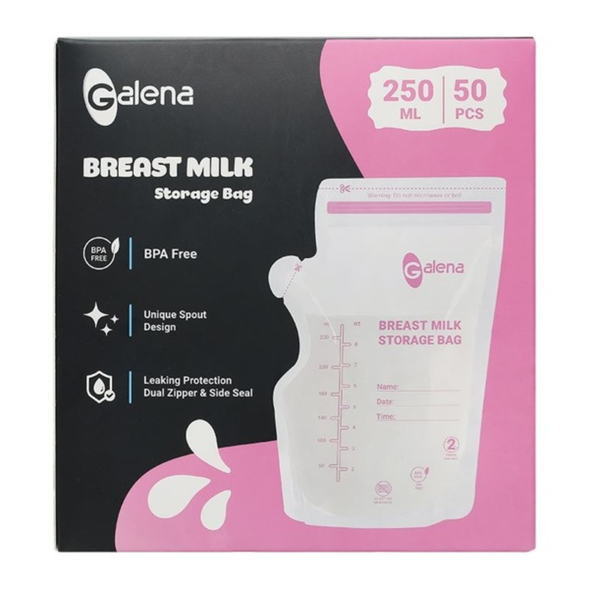 Túi trữ sữa Galena 250ml 50 túi GA-BMB1 - mặt trái