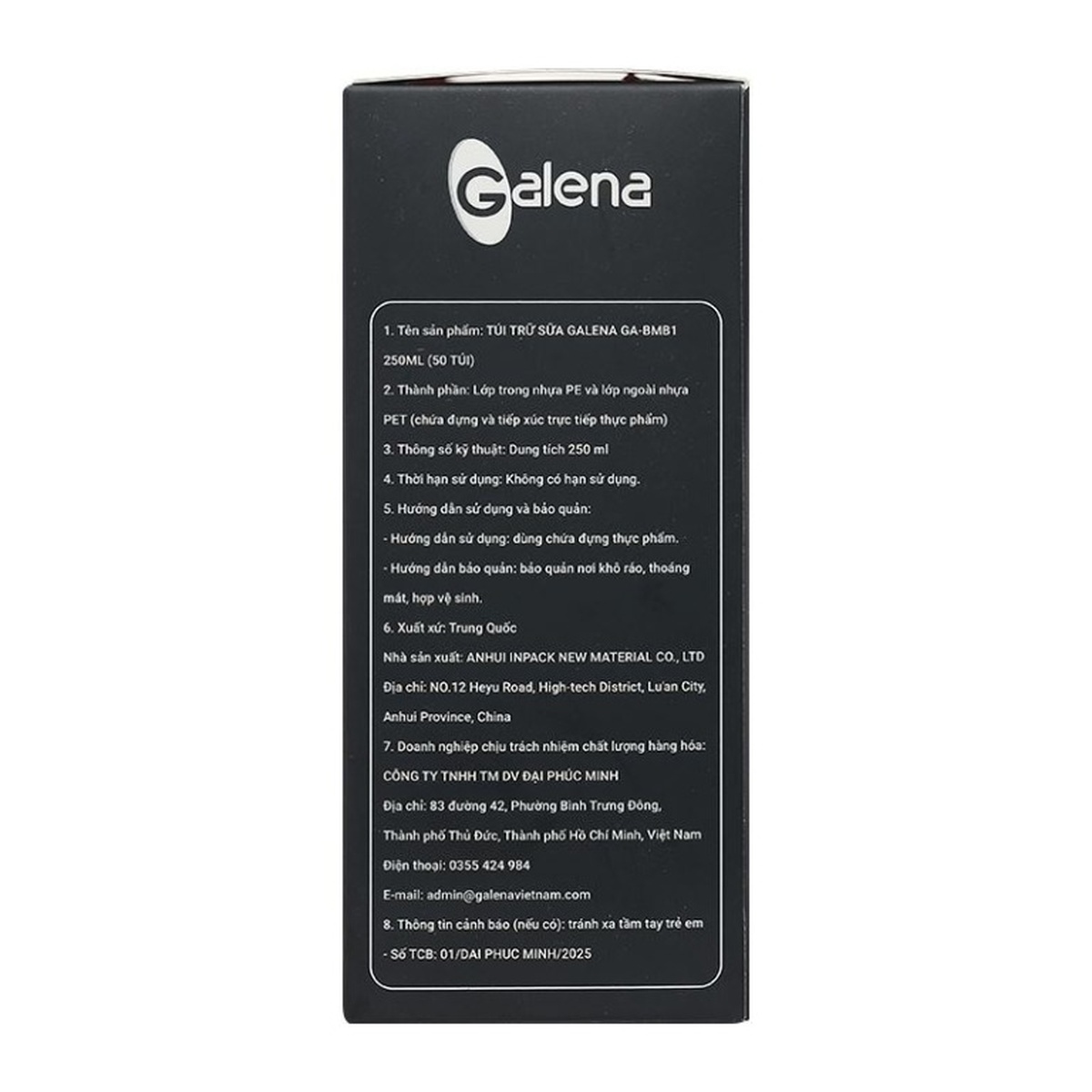 Túi trữ sữa Galena 250ml 50 túi GA-BMB1 - góc nghiêng