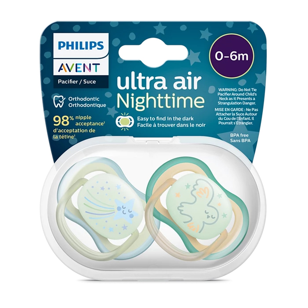 Ty ngậm silicon thông khí dạ quang Philips Avent đôi SCF376/18 (0-6M) Xanh Vàng - mặt phải