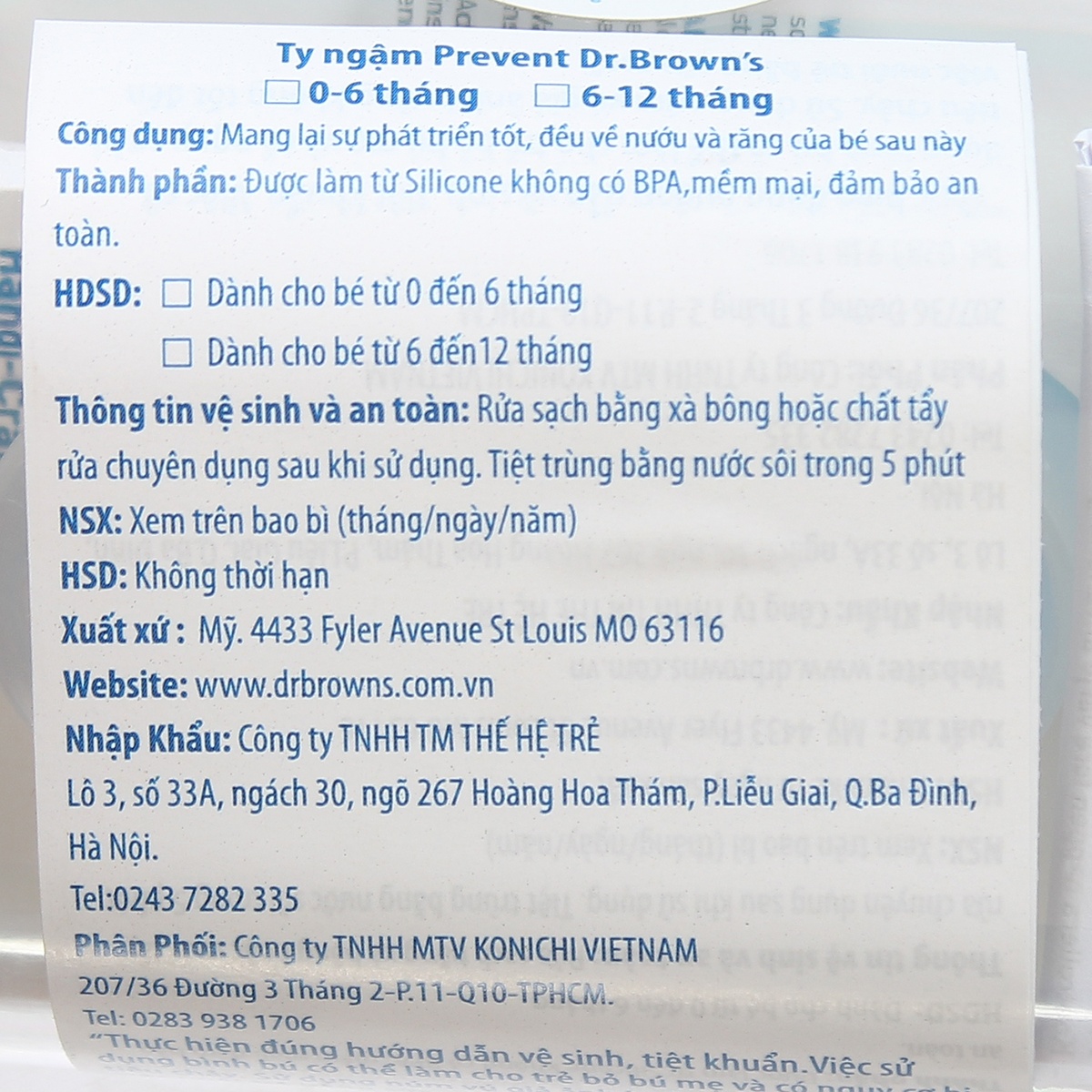 Ty ngậm Dr Brown's Prevent Level 2 cho bé 6M-12M - mặt sau