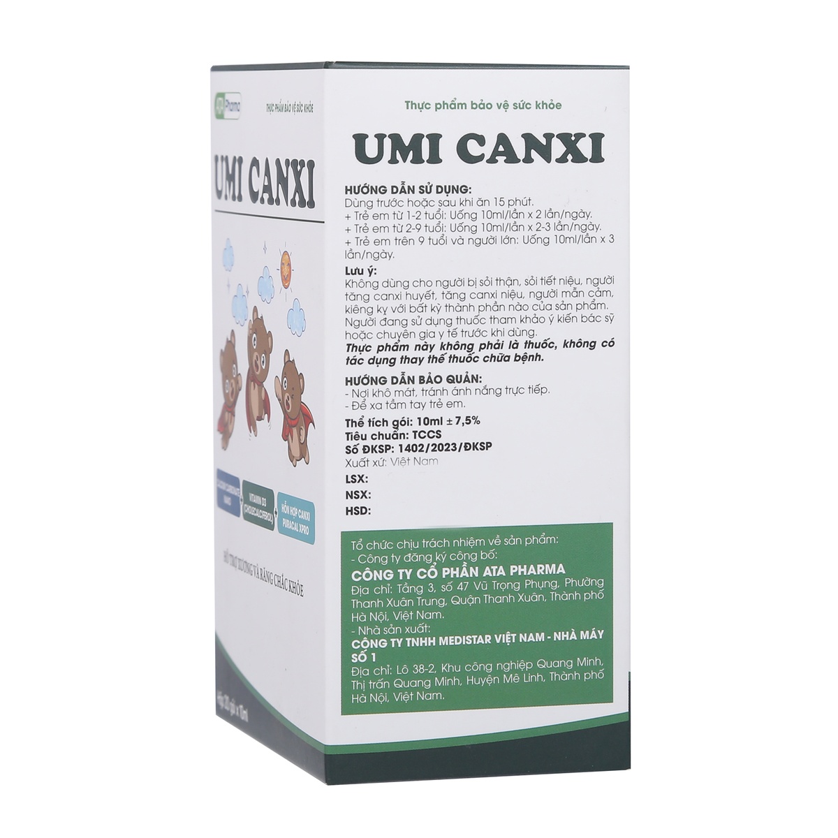 Umi Canxi - Hỗ trợ xương & răng hộp 20 gói*10ml - mặt sau