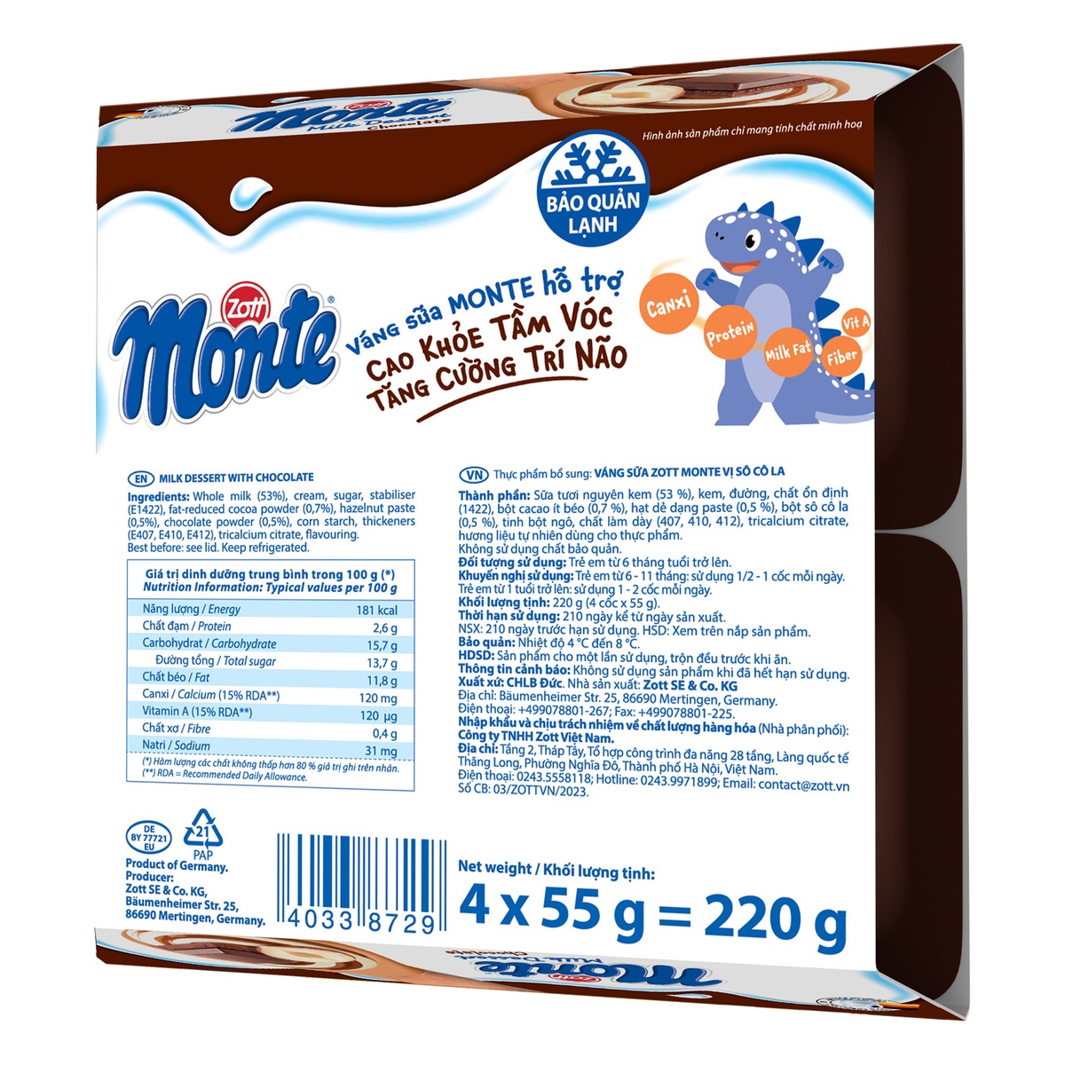 Váng sữa Monte Zott - Socola 4x55g - góc nghiêng