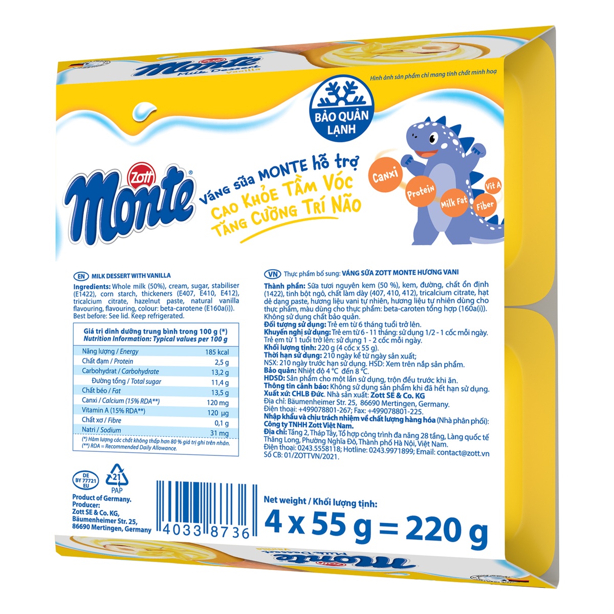 Váng sữa Monte Zott - Vanilla 4x55g cho bé trên 6 tháng tuổi - mặt sau