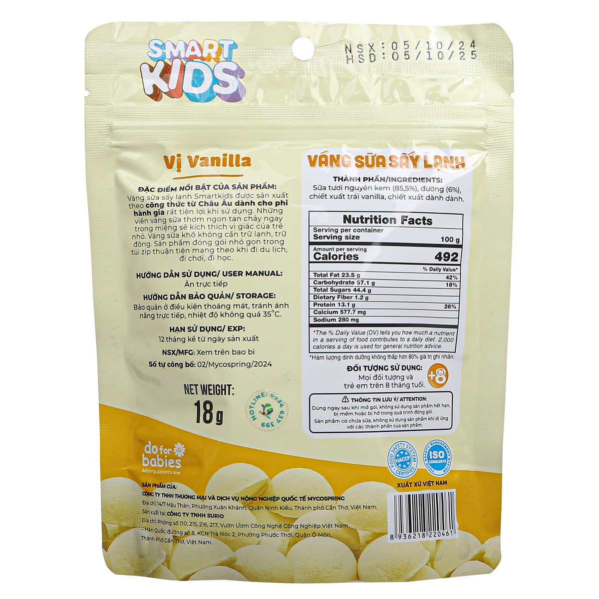 Váng sữa sấy lạnh Smart Kids vanilla 18g (8M+) - mặt trái
