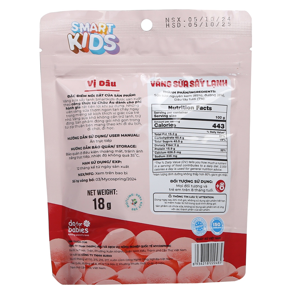 Váng sữa sấy lạnh Smart Kids vị dâu 18g ( 8M+) - mặt trái