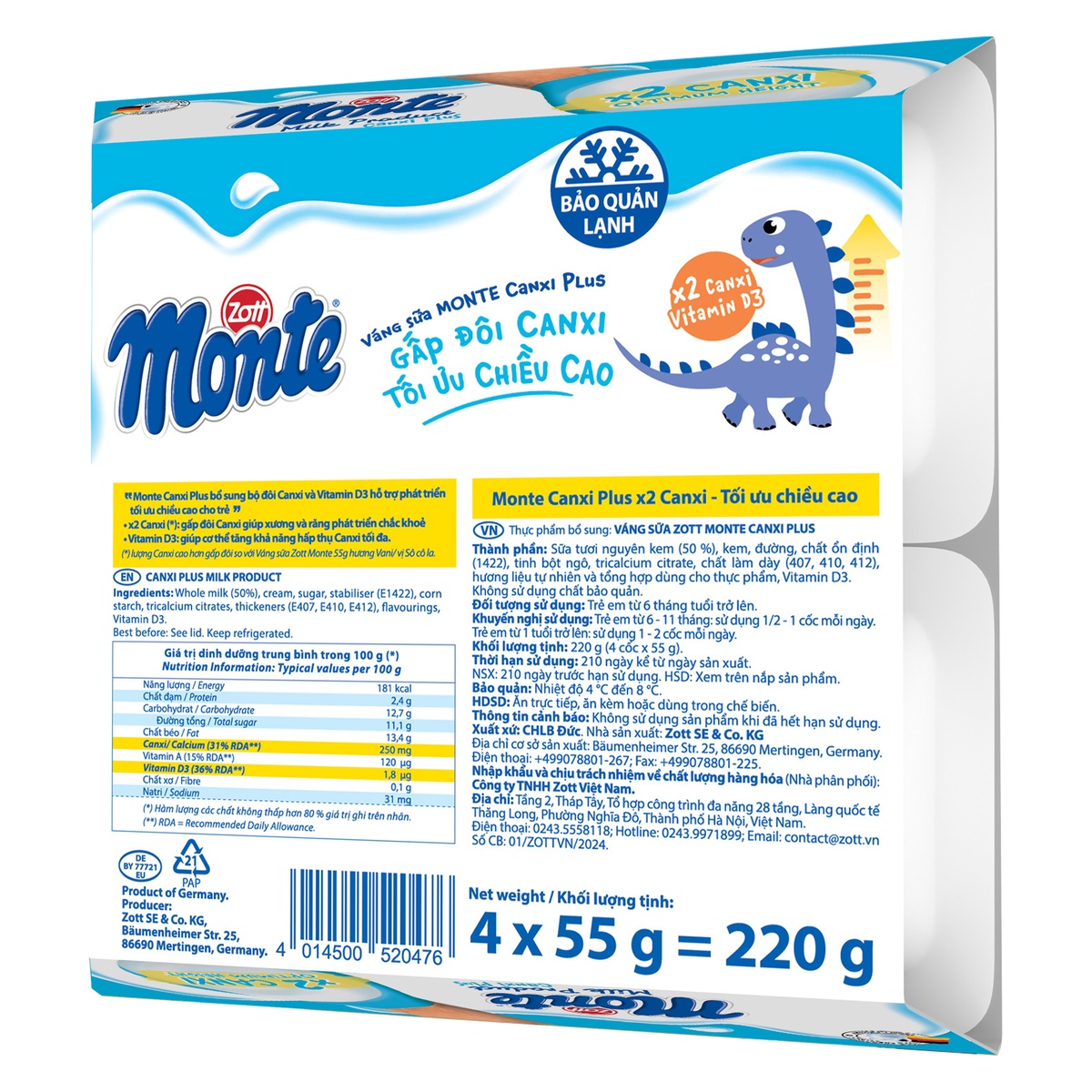 Váng sữa Zott Monte Canxi Plus 4x55g - mặt sau