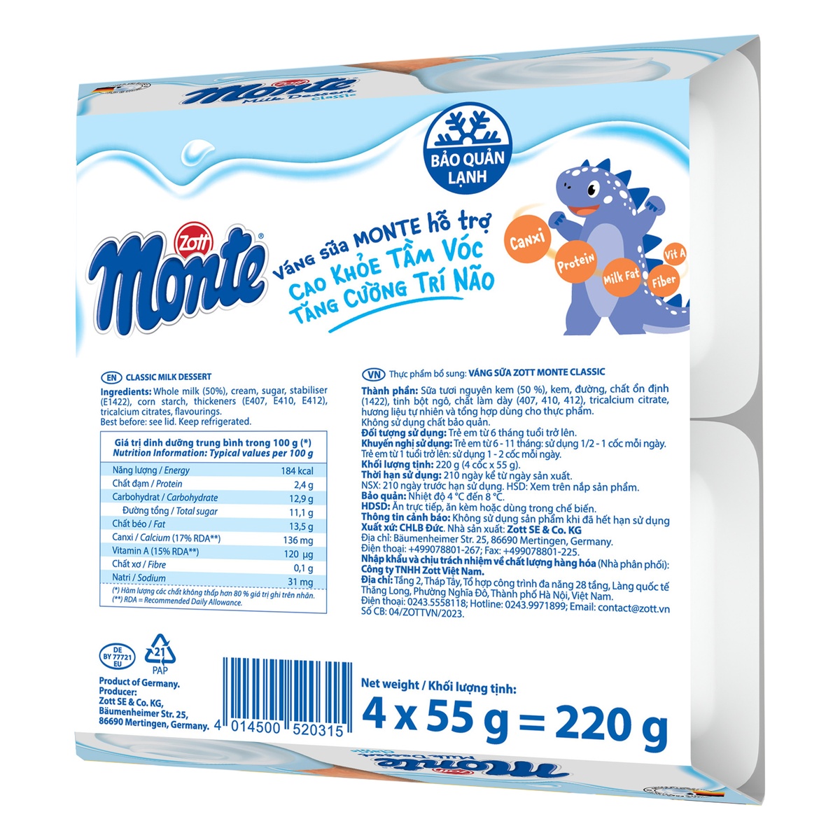 Váng sữa Zott Monte Classic 4x55g - góc nghiêng