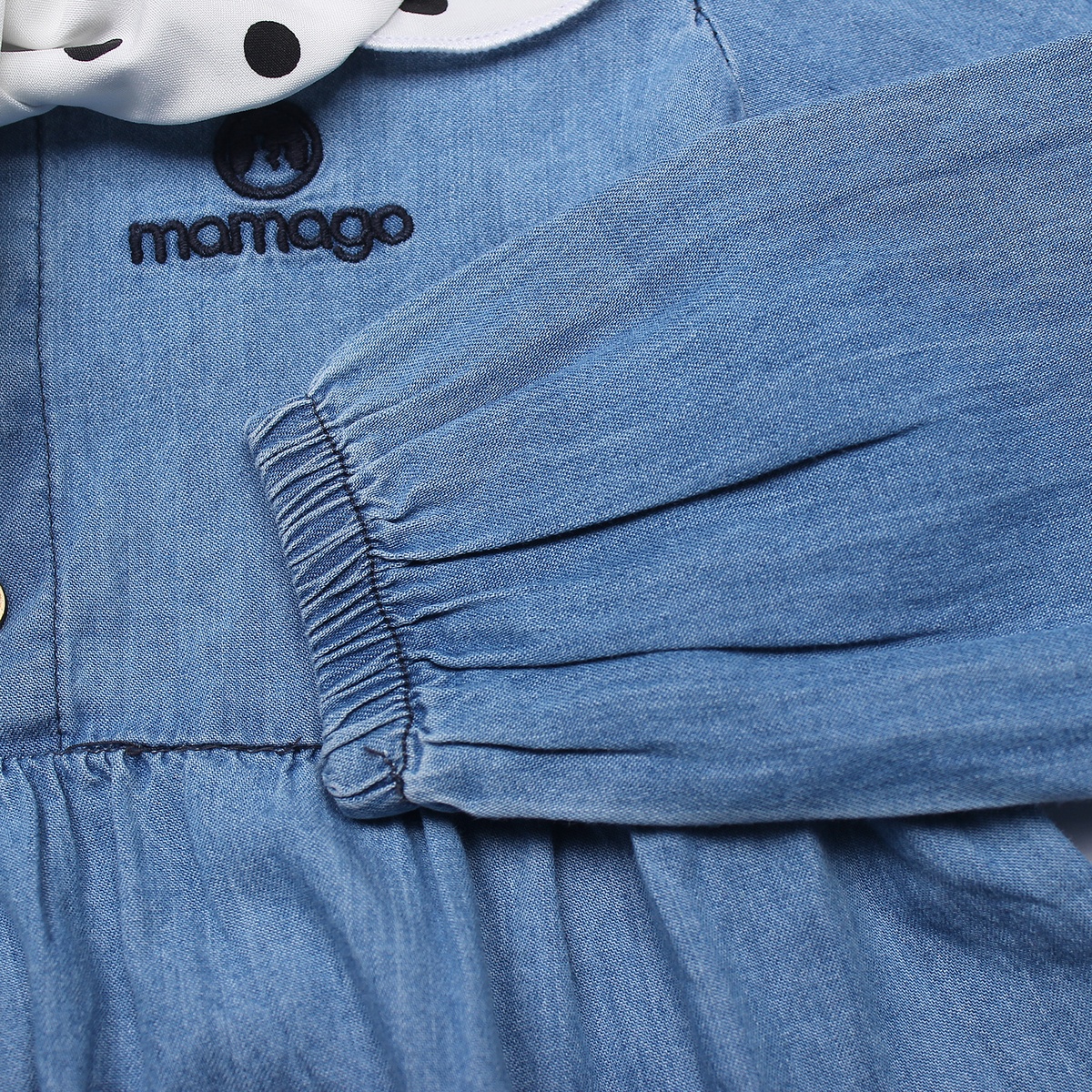 Váy Jean bé gái thắt nơ cổ Mamago LN19T - mặt phải