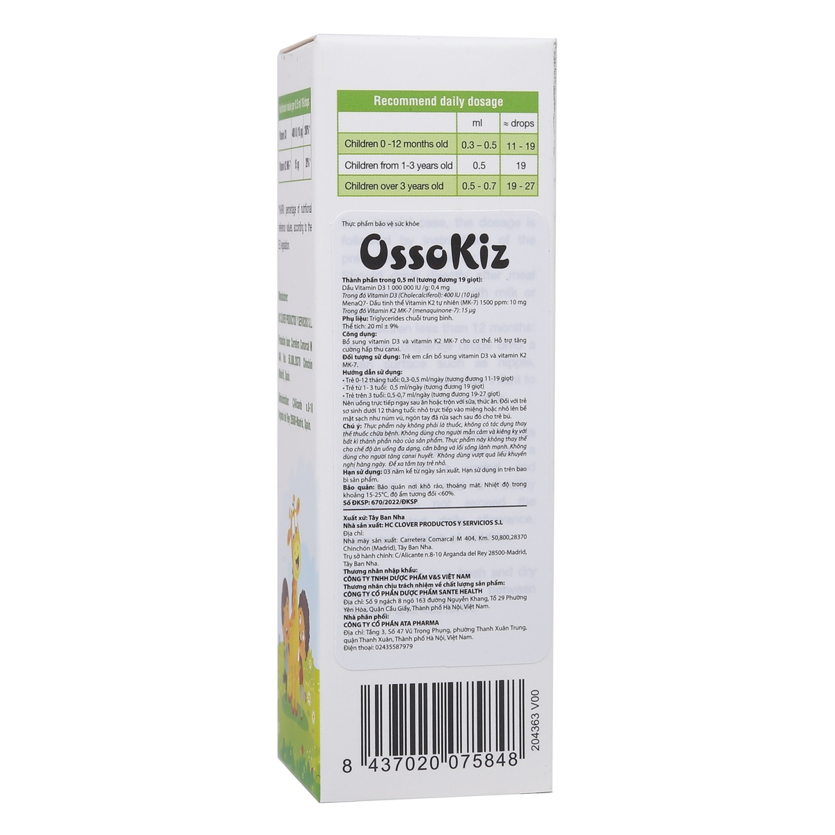 Vitamin D3K2 MK7 Ossokiz 20ml - mặt phải