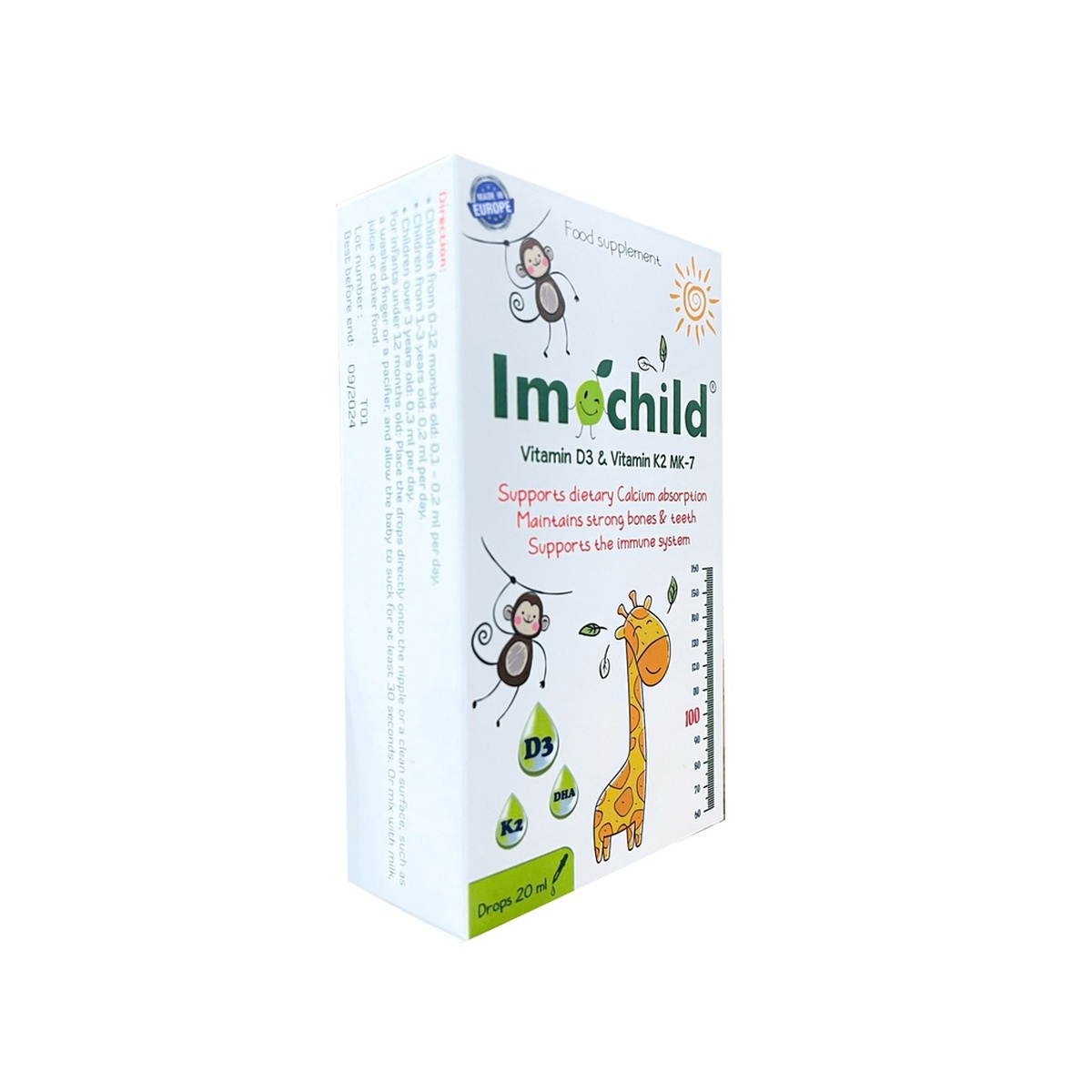 Vitamin D3 & Vitamin K2 Imochild D3K2-MK7  - mặt sau