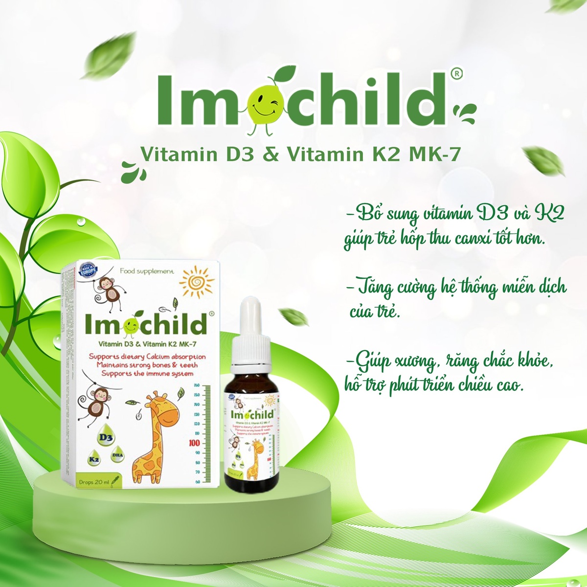 Vitamin D3 & Vitamin K2 Imochild D3K2-MK7  - mặt phải