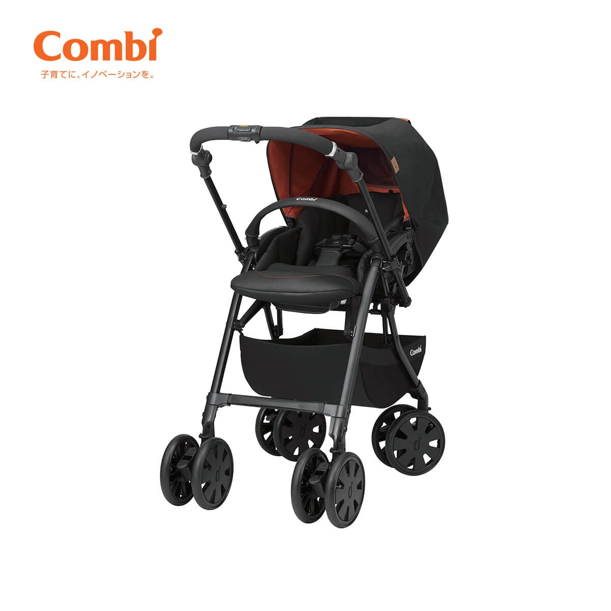 Xe đẩy Combi CrossGo 4 bánh quay tự động (Màu Đen Cam) - mặt trái