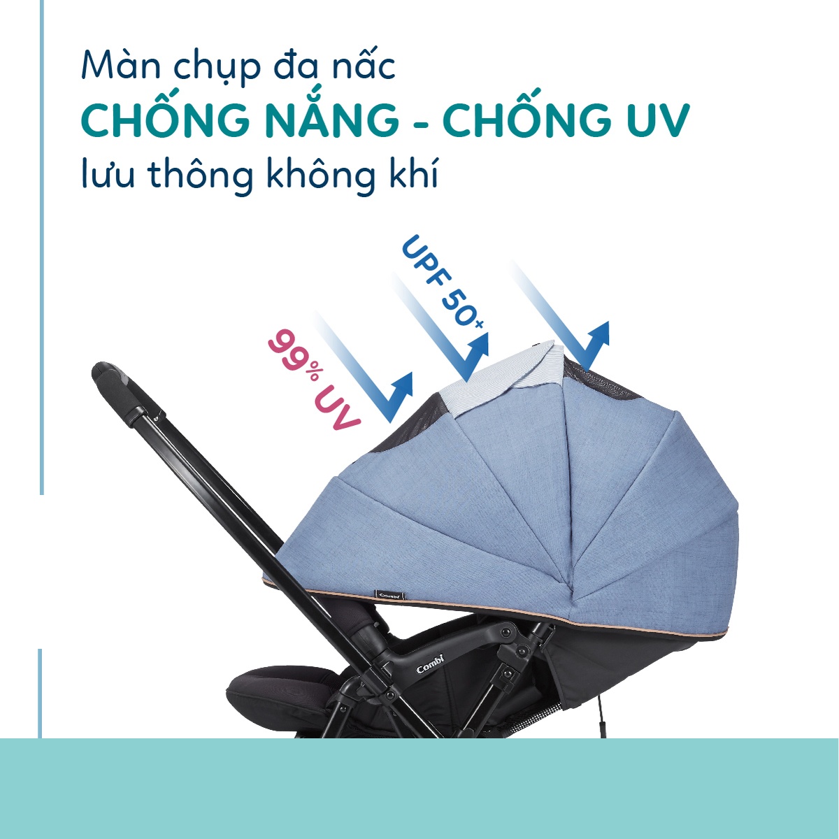 Xe đẩy Combi Sugocal Light 4 xanh dương - góc nghiêng