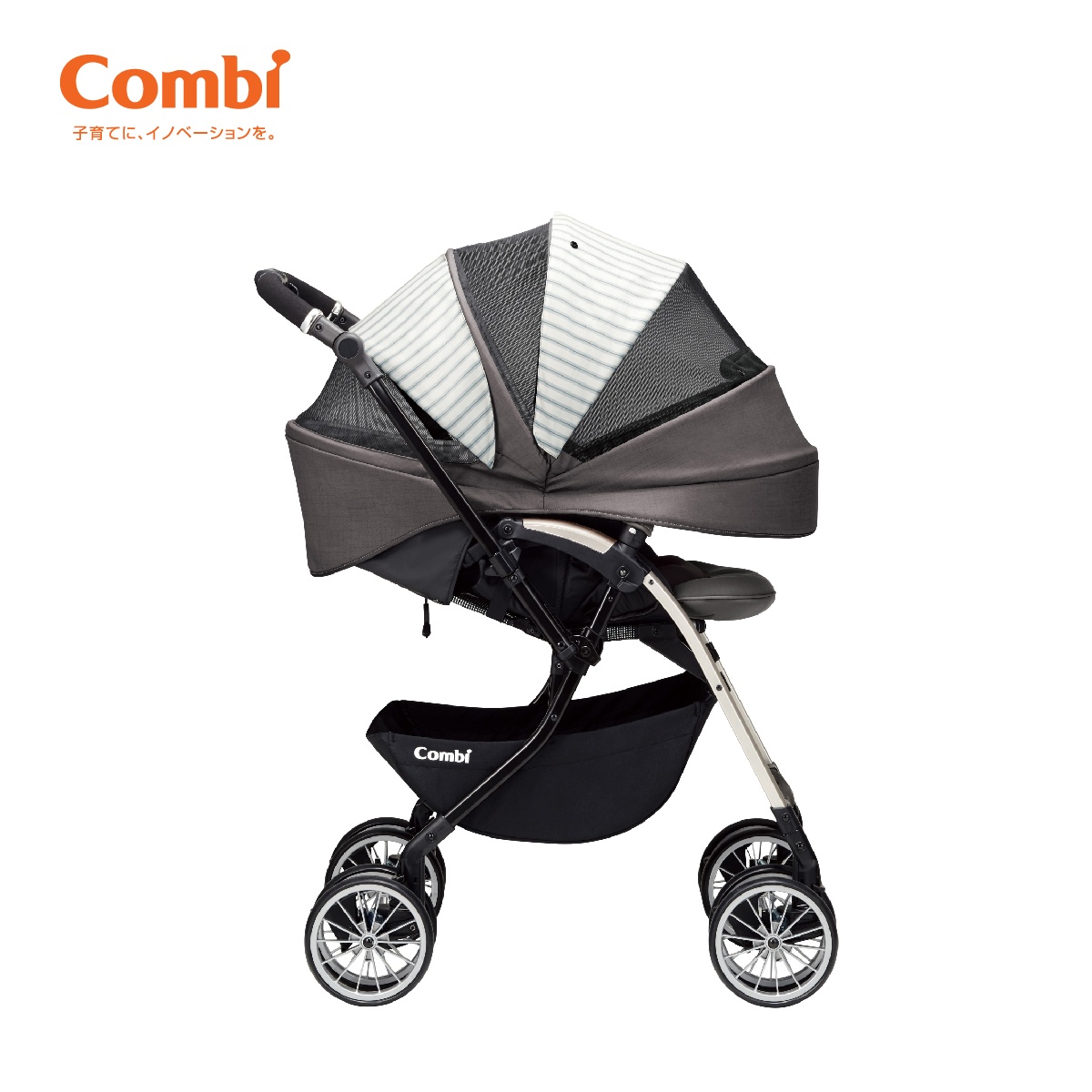 Xe đẩy Combi Umbretta Premium 4 bánh quay tự động (Màu Ghi) - góc nghiêng