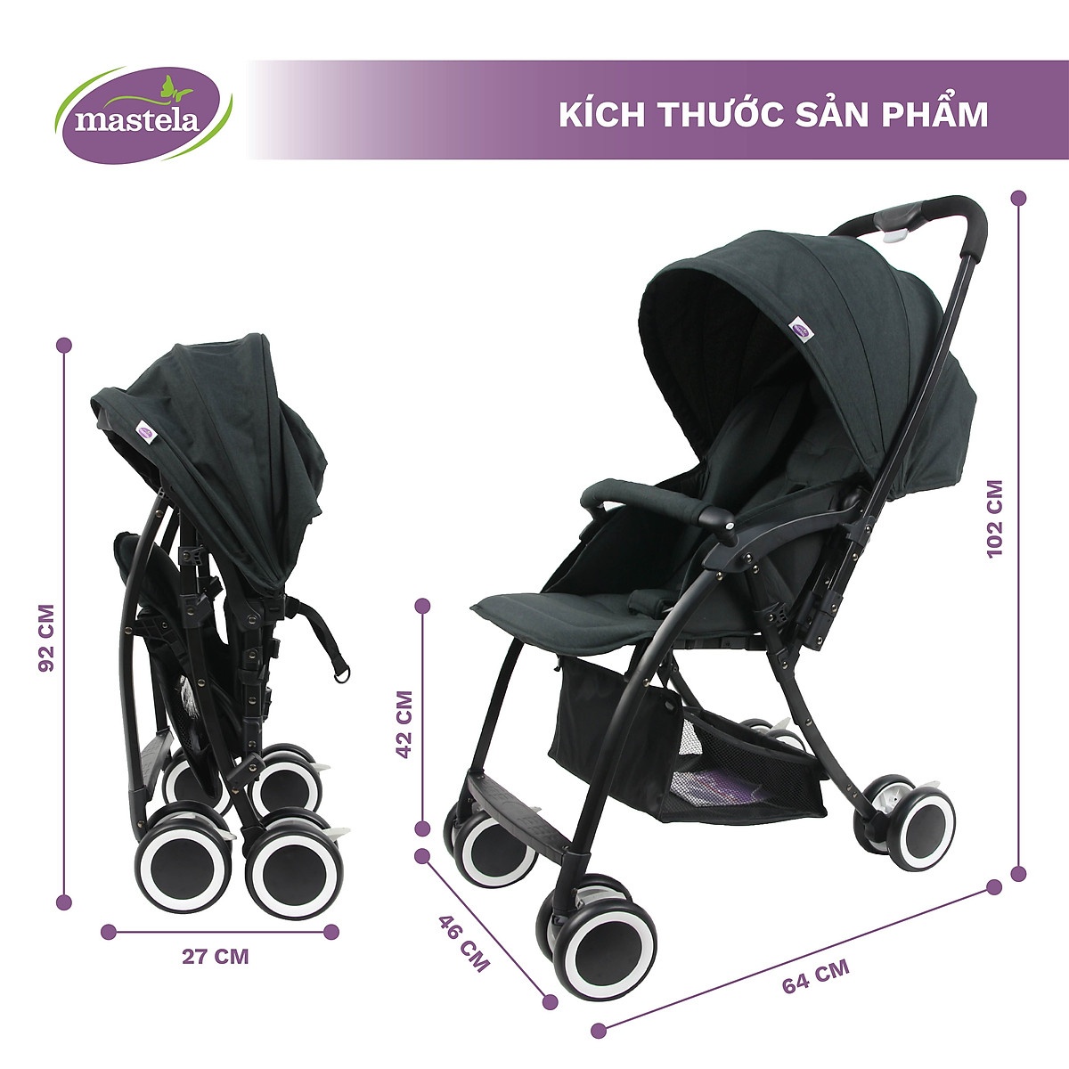 Xe đẩy Mastela Premium T05S siêu nhẹ 2 chiều Aluminium chống tia UV (Đen) - mặt trái
