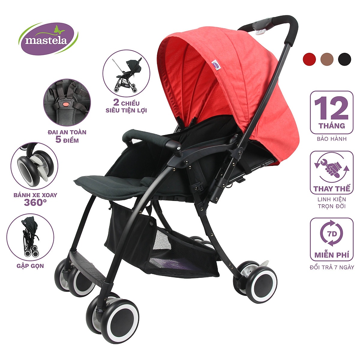 Xe đẩy Mastela Premium T05S siêu nhẹ 2 chiều Aluminium chống tia UV (Đen) - hình 8