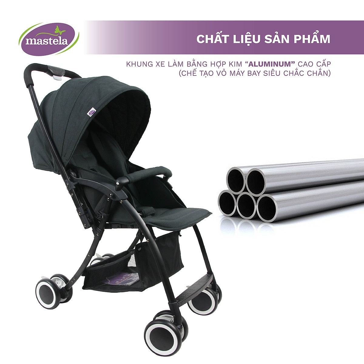 Xe đẩy Mastela Premium T05S siêu nhẹ 2 chiều Aluminium chống tia UV (Đen) - góc nghiêng