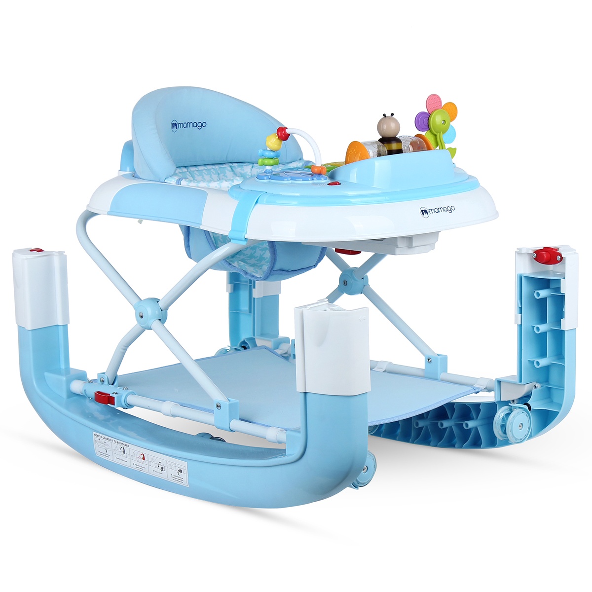Xe tập đi tròn Mamago Walker màu xanh có nhạc và bàn ăn - góc nghiêng