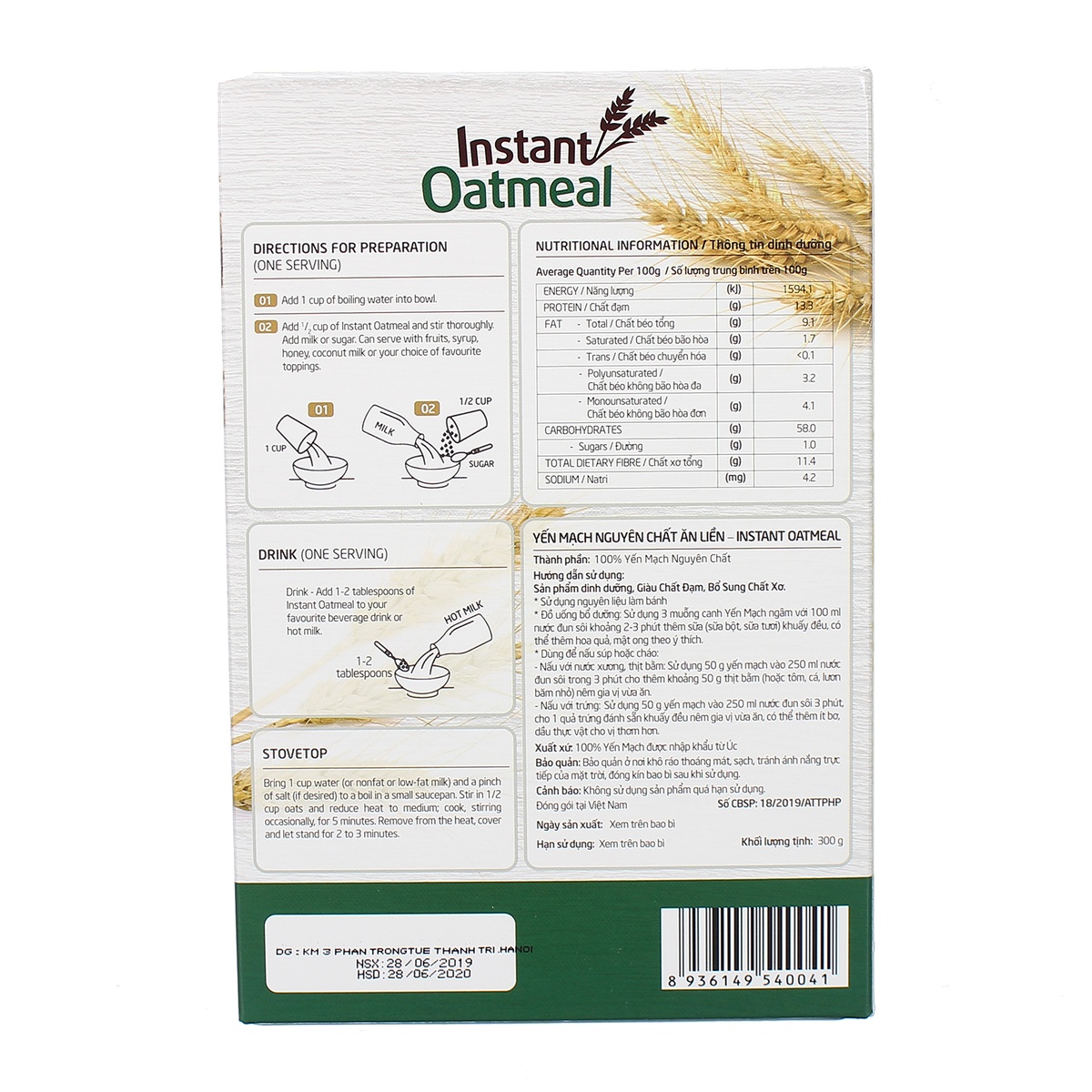 Yến mạch nguyên chất ăn liền Organic EUDORA 300gr (hộp giấy) - mặt trái