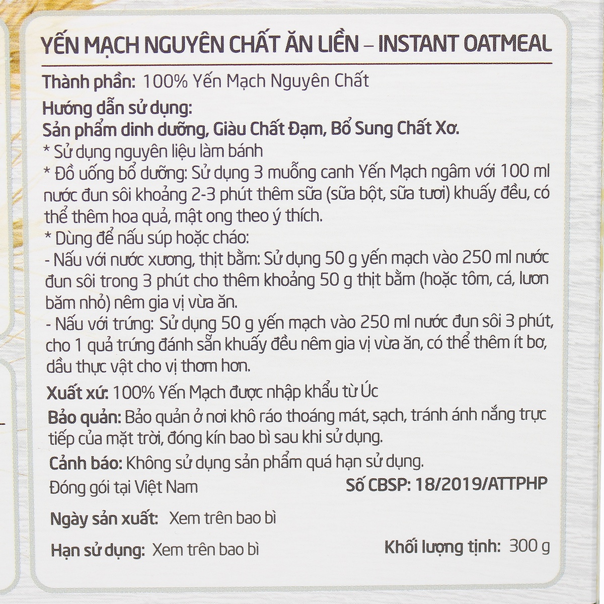 Yến mạch nguyên chất ăn liền Organic EUDORA 300gr (hộp giấy) - mặt sau