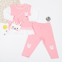 Bộ quần áo bé gái dài tay KidsPlaza tay bèo kèm túi thỏ HN22D (Hồng)