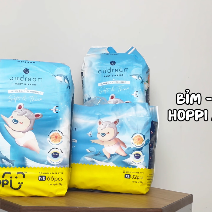 Bỉm - Tã dán Hoppi Airdream size S 56 miếng (cho bé 4 - 8kg) - video