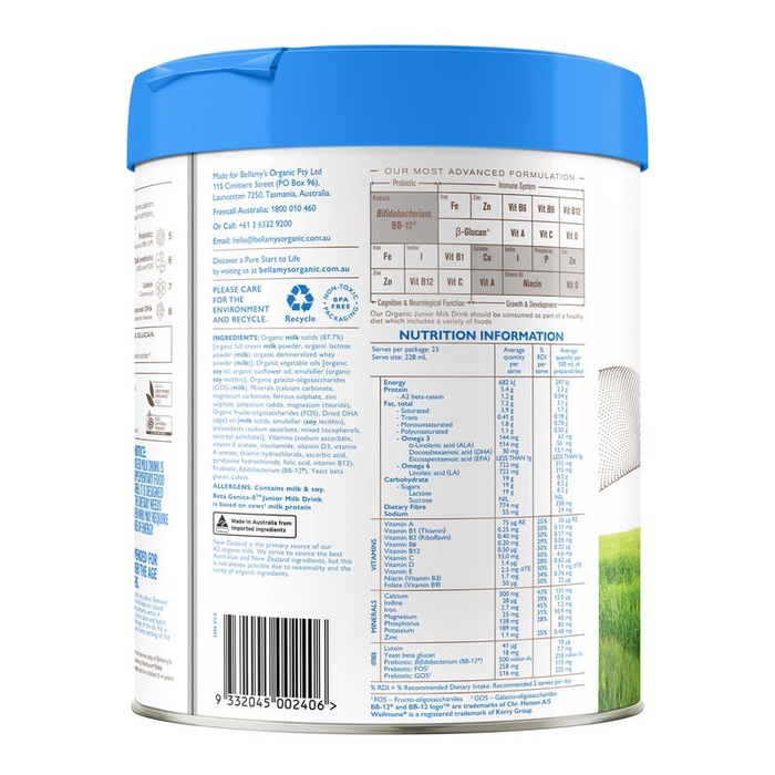 Sản phẩm dinh dưỡng công thức Bellamy's Organic A2 số 4 800g cho bé 2Y+mặt trái