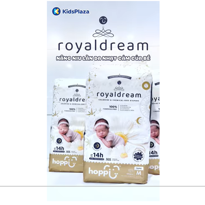 Bỉm - Tã dán Hoppi RoyalDream cao cấp size M 44 miếng (cho bé từ 6-11kg) - video