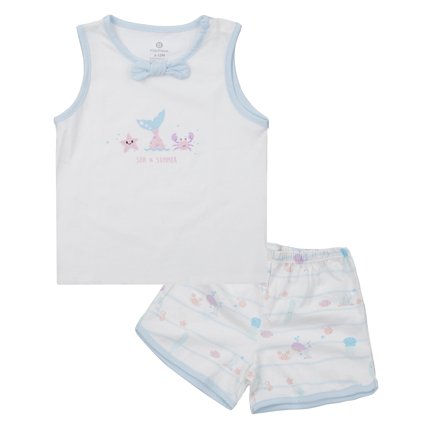 Bộ quần áo ba lỗ bé gái KidspLaza in cua cá BA24H (Trắng xanh)