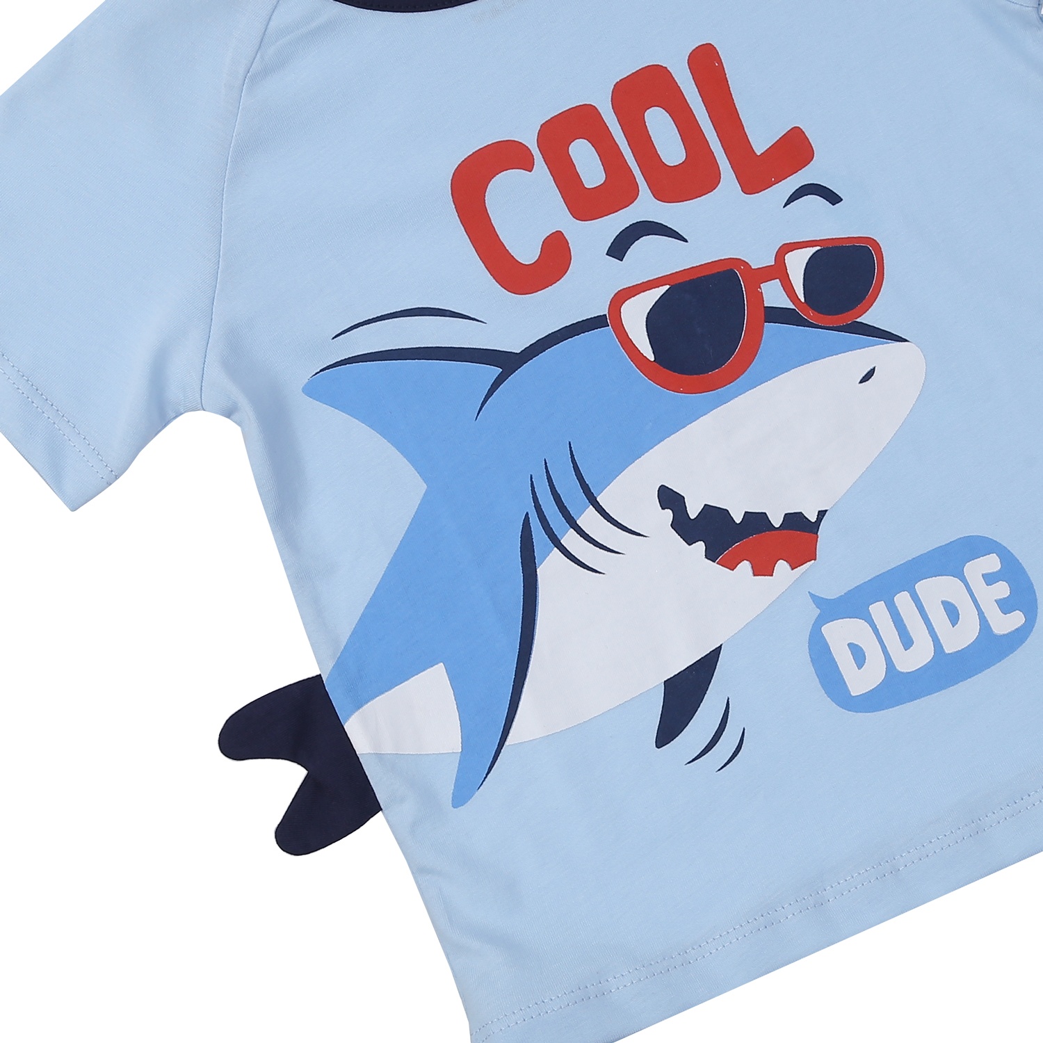 Bộ quần áo cộc tay bé trai in hình cá mập KidsPLaza M24H (Xanh)