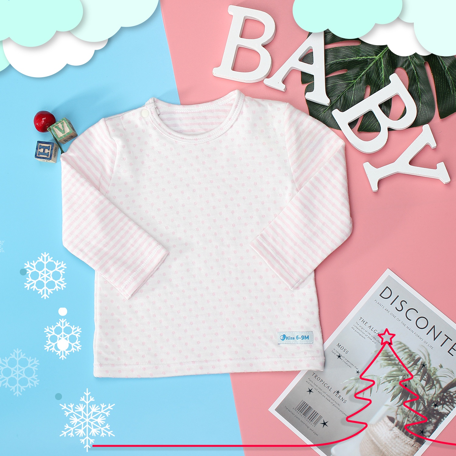 Bộ quần áo dài tay cài vai Kiza kẻ trắng hồng  hình 1